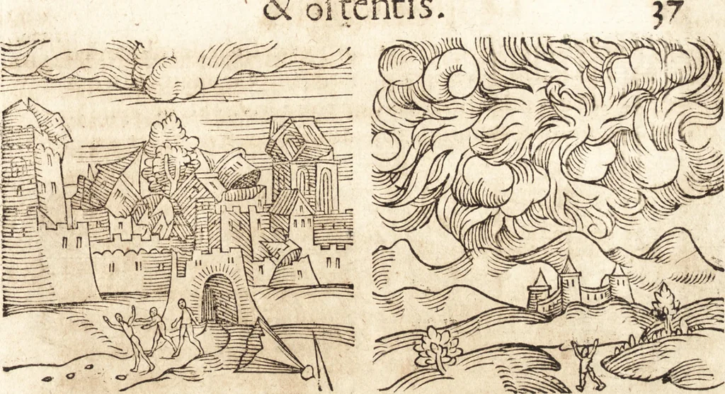 An illustration from Prodigiorvm ac ostentorvm chronicon : quae praeter naturae ordinem, motum, et operationem, et in svperioribus & his inferioribus mundi regionibus, ab exordio mundi usque ad haec nostra tempora, acciderunt ..., 1557, leaf 48