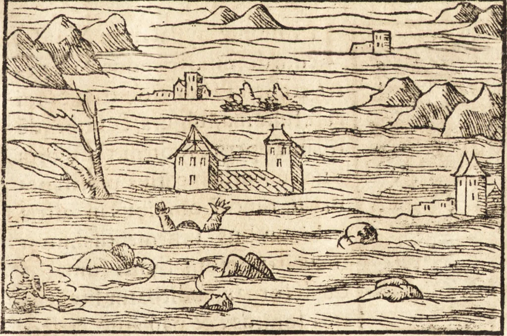 An illustration from Prodigiorvm ac ostentorvm chronicon : quae praeter naturae ordinem, motum, et operationem, et in svperioribus & his inferioribus mundi regionibus, ab exordio mundi usque ad haec nostra tempora, acciderunt ..., 1557, leaf 48