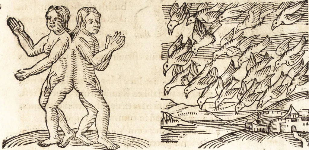 An illustration from Prodigiorvm ac ostentorvm chronicon : quae praeter naturae ordinem, motum, et operationem, et in svperioribus & his inferioribus mundi regionibus, ab exordio mundi usque ad haec nostra tempora, acciderunt ..., 1557, leaf 482