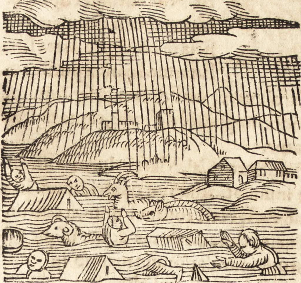 An illustration from Prodigiorvm ac ostentorvm chronicon : quae praeter naturae ordinem, motum, et operationem, et in svperioribus & his inferioribus mundi regionibus, ab exordio mundi usque ad haec nostra tempora, acciderunt ..., 1557, leaf 484