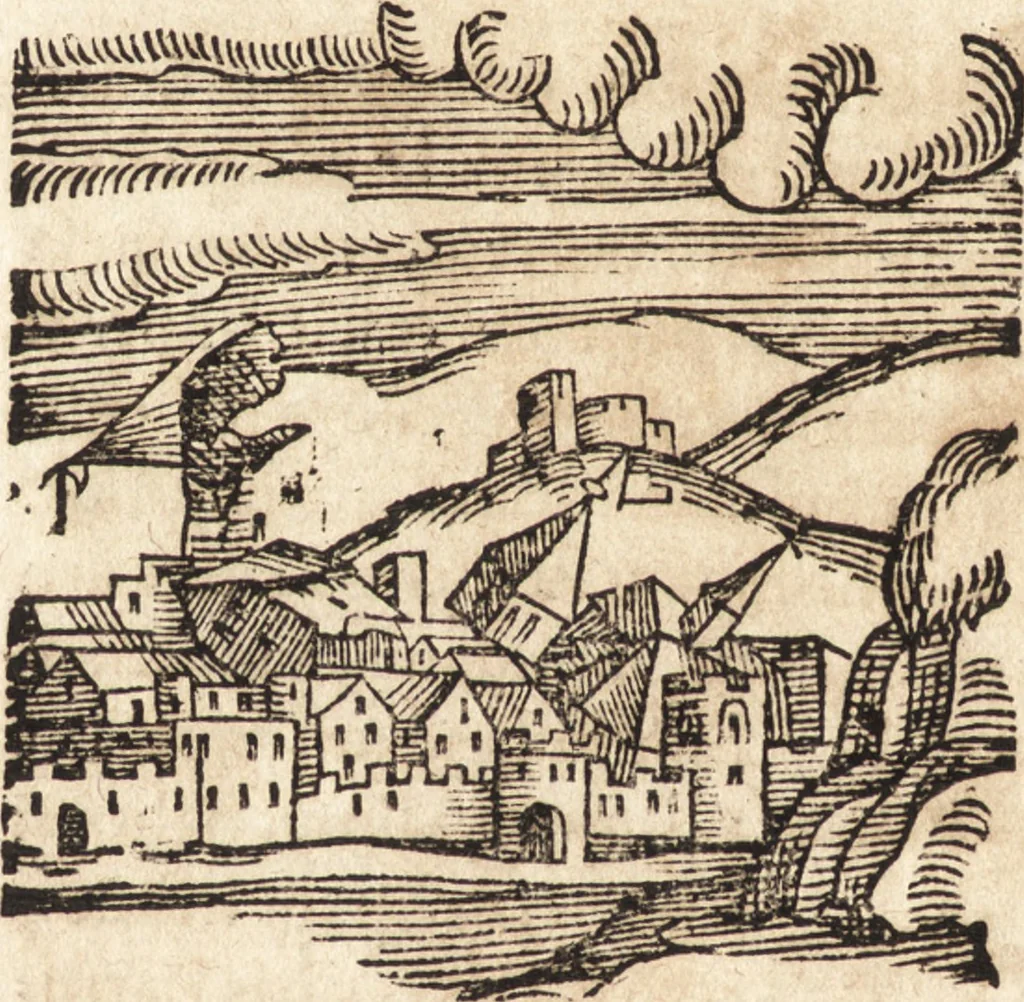 An illustration from Prodigiorvm ac ostentorvm chronicon : quae praeter naturae ordinem, motum, et operationem, et in svperioribus & his inferioribus mundi regionibus, ab exordio mundi usque ad haec nostra tempora, acciderunt ..., 1557, leaf 485
