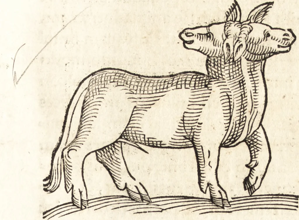 An illustration from Prodigiorvm ac ostentorvm chronicon : quae praeter naturae ordinem, motum, et operationem, et in svperioribus & his inferioribus mundi regionibus, ab exordio mundi usque ad haec nostra tempora, acciderunt ..., 1557, leaf 486