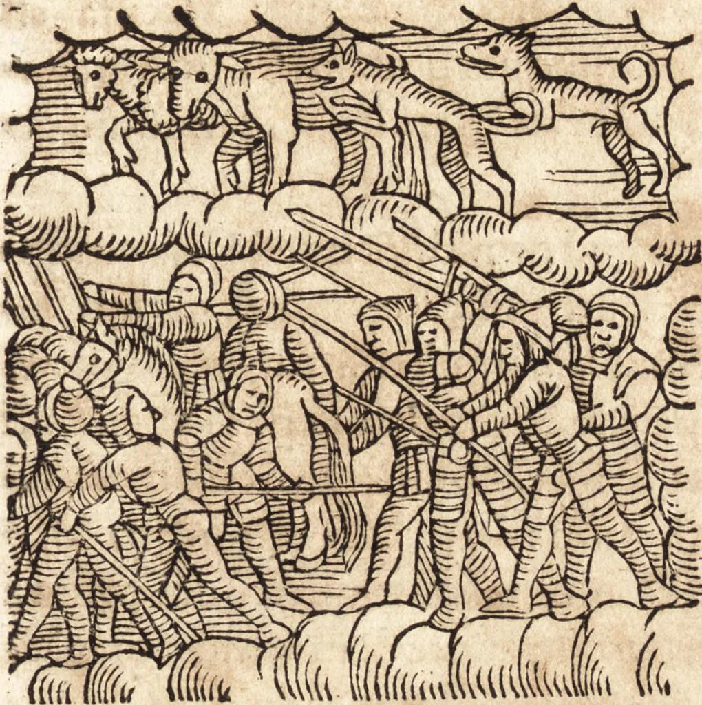 An illustration from Prodigiorvm ac ostentorvm chronicon : quae praeter naturae ordinem, motum, et operationem, et in svperioribus & his inferioribus mundi regionibus, ab exordio mundi usque ad haec nostra tempora, acciderunt ..., 1557, leaf 494