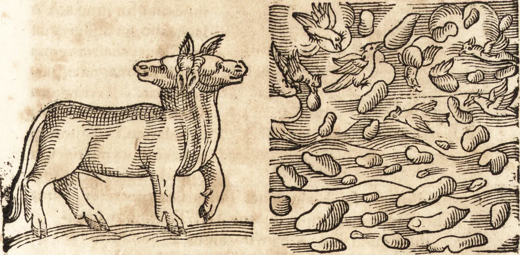 An illustration from Prodigiorvm ac ostentorvm chronicon : quae praeter naturae ordinem, motum, et operationem, et in svperioribus & his inferioribus mundi regionibus, ab exordio mundi usque ad haec nostra tempora, acciderunt ..., 1557, leaf 494