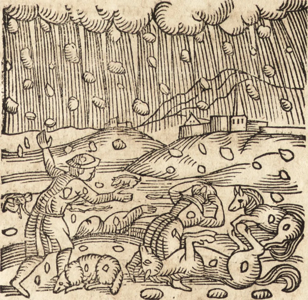 An illustration from Prodigiorvm ac ostentorvm chronicon : quae praeter naturae ordinem, motum, et operationem, et in svperioribus & his inferioribus mundi regionibus, ab exordio mundi usque ad haec nostra tempora, acciderunt ..., 1557, leaf 498