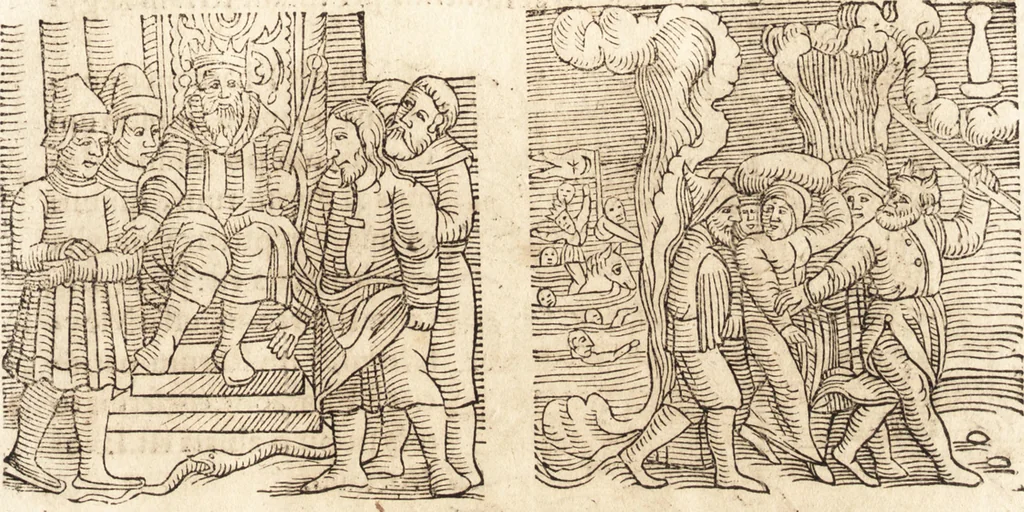 An illustration from Prodigiorvm ac ostentorvm chronicon : quae praeter naturae ordinem, motum, et operationem, et in svperioribus & his inferioribus mundi regionibus, ab exordio mundi usque ad haec nostra tempora, acciderunt ..., 1557, leaf 50