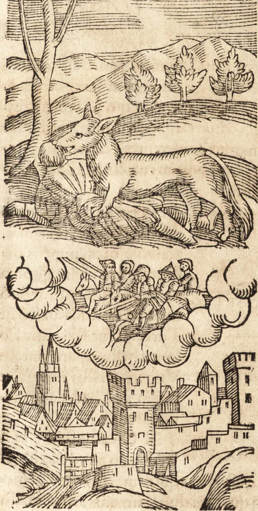 An illustration from Prodigiorvm ac ostentorvm chronicon : quae praeter naturae ordinem, motum, et operationem, et in svperioribus & his inferioribus mundi regionibus, ab exordio mundi usque ad haec nostra tempora, acciderunt ..., 1557, leaf 504