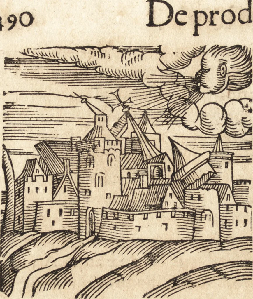 An illustration from Prodigiorvm ac ostentorvm chronicon : quae praeter naturae ordinem, motum, et operationem, et in svperioribus & his inferioribus mundi regionibus, ab exordio mundi usque ad haec nostra tempora, acciderunt ..., 1557, leaf 513