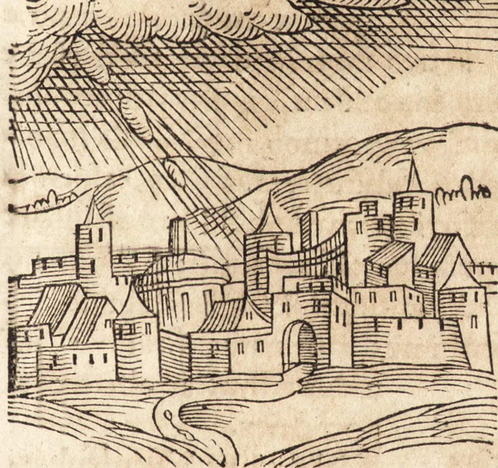 An illustration from Prodigiorvm ac ostentorvm chronicon : quae praeter naturae ordinem, motum, et operationem, et in svperioribus & his inferioribus mundi regionibus, ab exordio mundi usque ad haec nostra tempora, acciderunt ..., 1557, leaf 518