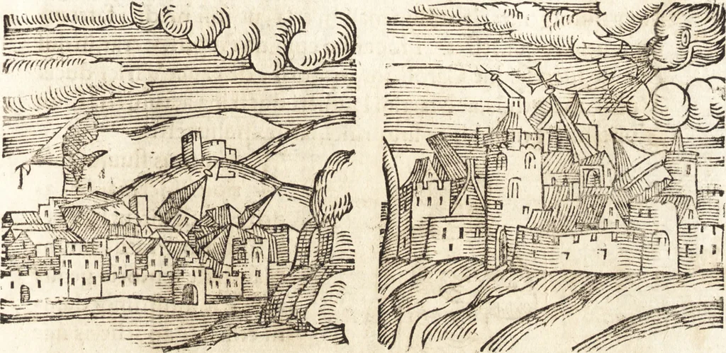 An illustration from Prodigiorvm ac ostentorvm chronicon : quae praeter naturae ordinem, motum, et operationem, et in svperioribus & his inferioribus mundi regionibus, ab exordio mundi usque ad haec nostra tempora, acciderunt ..., 1557, leaf 534