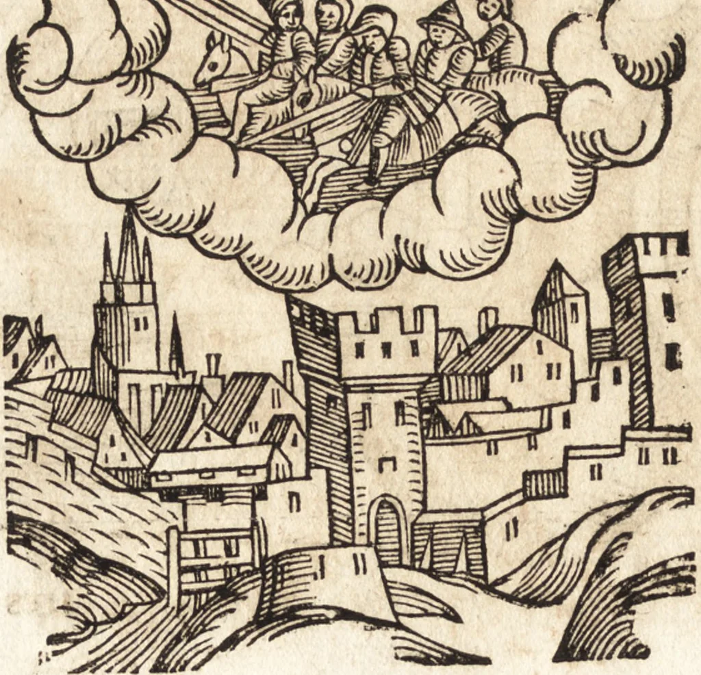 An illustration from Prodigiorvm ac ostentorvm chronicon : quae praeter naturae ordinem, motum, et operationem, et in svperioribus & his inferioribus mundi regionibus, ab exordio mundi usque ad haec nostra tempora, acciderunt ..., 1557, leaf 537