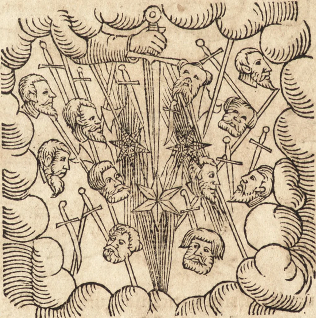 An illustration from Prodigiorvm ac ostentorvm chronicon : quae praeter naturae ordinem, motum, et operationem, et in svperioribus & his inferioribus mundi regionibus, ab exordio mundi usque ad haec nostra tempora, acciderunt ..., 1557, leaf 545