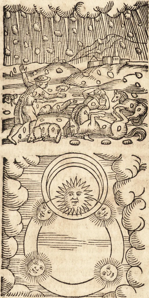 An illustration from Prodigiorvm ac ostentorvm chronicon : quae praeter naturae ordinem, motum, et operationem, et in svperioribus & his inferioribus mundi regionibus, ab exordio mundi usque ad haec nostra tempora, acciderunt ..., 1557, leaf 546