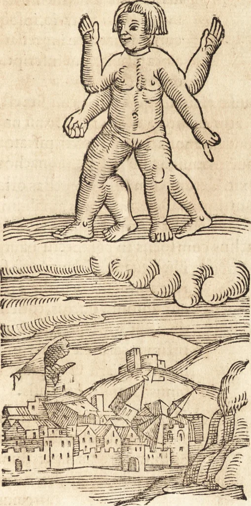 An illustration from Prodigiorvm ac ostentorvm chronicon : quae praeter naturae ordinem, motum, et operationem, et in svperioribus & his inferioribus mundi regionibus, ab exordio mundi usque ad haec nostra tempora, acciderunt ..., 1557, leaf 548