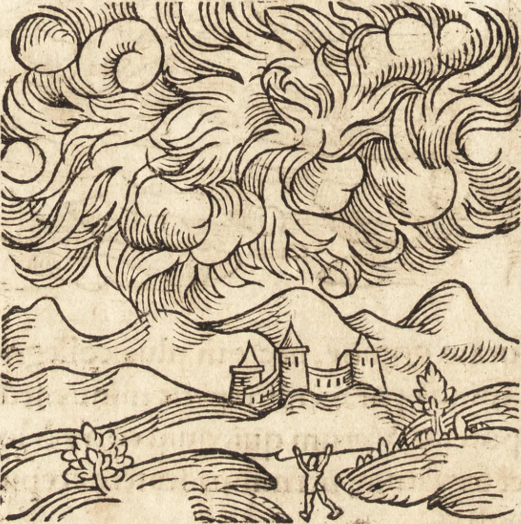 An illustration from Prodigiorvm ac ostentorvm chronicon : quae praeter naturae ordinem, motum, et operationem, et in svperioribus & his inferioribus mundi regionibus, ab exordio mundi usque ad haec nostra tempora, acciderunt ..., 1557, leaf 55