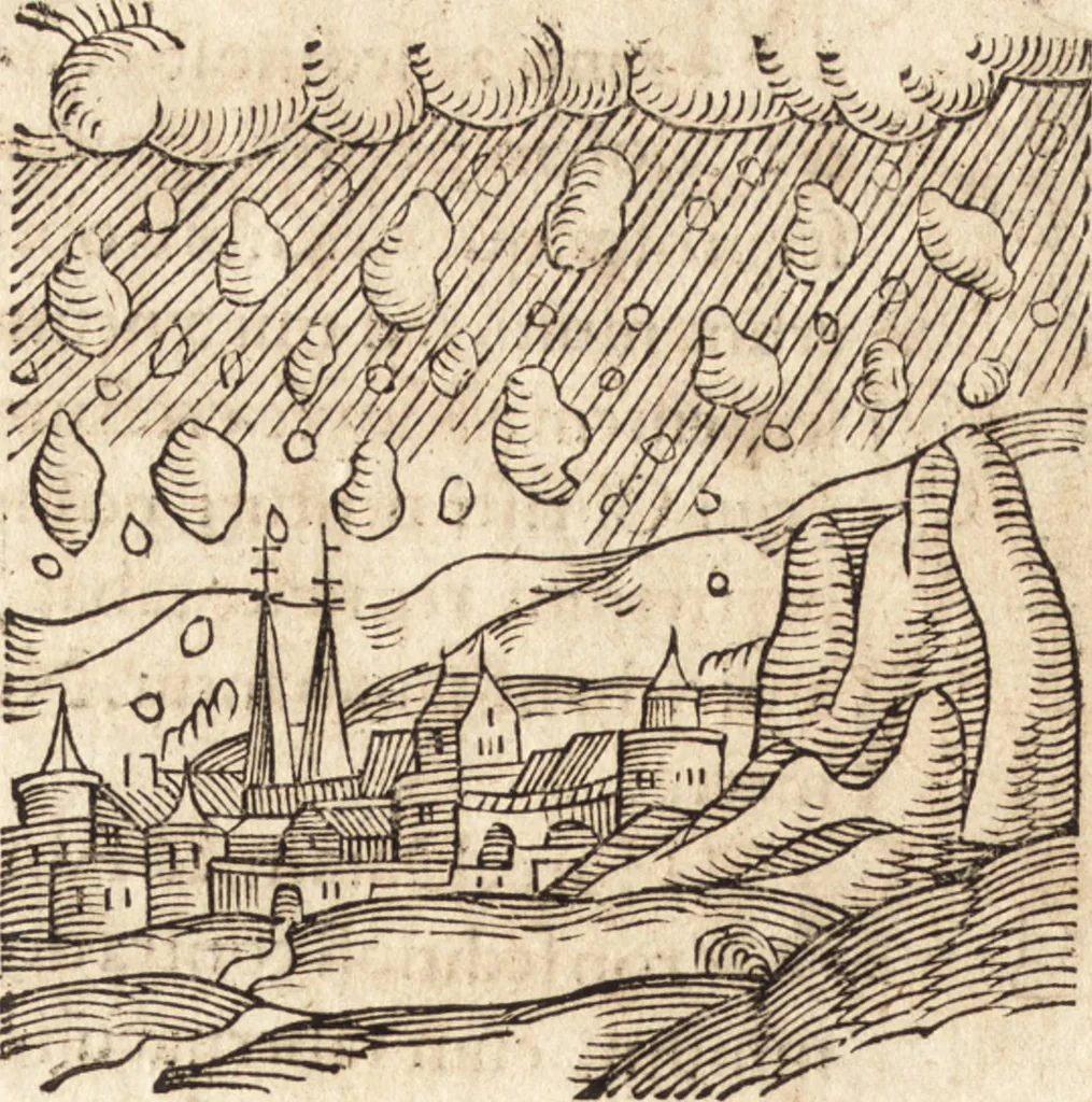An illustration from Prodigiorvm ac ostentorvm chronicon : quae praeter naturae ordinem, motum, et operationem, et in svperioribus & his inferioribus mundi regionibus, ab exordio mundi usque ad haec nostra tempora, acciderunt ..., 1557, leaf 55