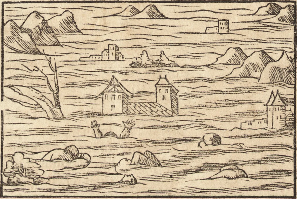 An illustration from Prodigiorvm ac ostentorvm chronicon : quae praeter naturae ordinem, motum, et operationem, et in svperioribus & his inferioribus mundi regionibus, ab exordio mundi usque ad haec nostra tempora, acciderunt ..., 1557, leaf 551