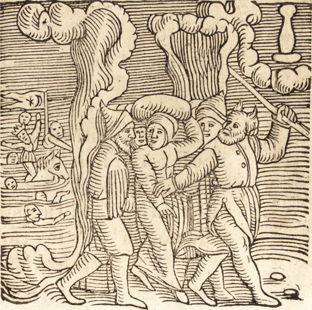 An illustration from Prodigiorvm ac ostentorvm chronicon : quae praeter naturae ordinem, motum, et operationem, et in svperioribus & his inferioribus mundi regionibus, ab exordio mundi usque ad haec nostra tempora, acciderunt ..., 1557, leaf 56