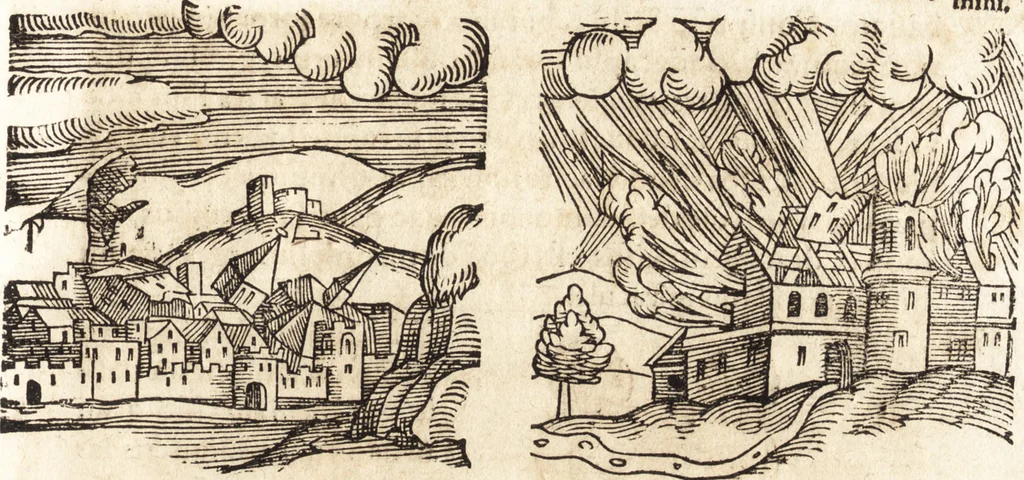 An illustration from Prodigiorvm ac ostentorvm chronicon : quae praeter naturae ordinem, motum, et operationem, et in svperioribus & his inferioribus mundi regionibus, ab exordio mundi usque ad haec nostra tempora, acciderunt ..., 1557, leaf 564