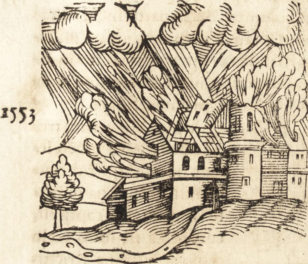 An illustration from Prodigiorvm ac ostentorvm chronicon : quae praeter naturae ordinem, motum, et operationem, et in svperioribus & his inferioribus mundi regionibus, ab exordio mundi usque ad haec nostra tempora, acciderunt ..., 1557, leaf 569