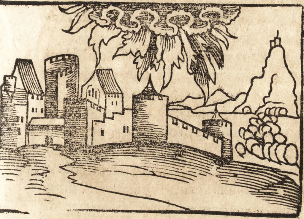 An illustration from Prodigiorvm ac ostentorvm chronicon : quae praeter naturae ordinem, motum, et operationem, et in svperioribus & his inferioribus mundi regionibus, ab exordio mundi usque ad haec nostra tempora, acciderunt ..., 1557, leaf 572