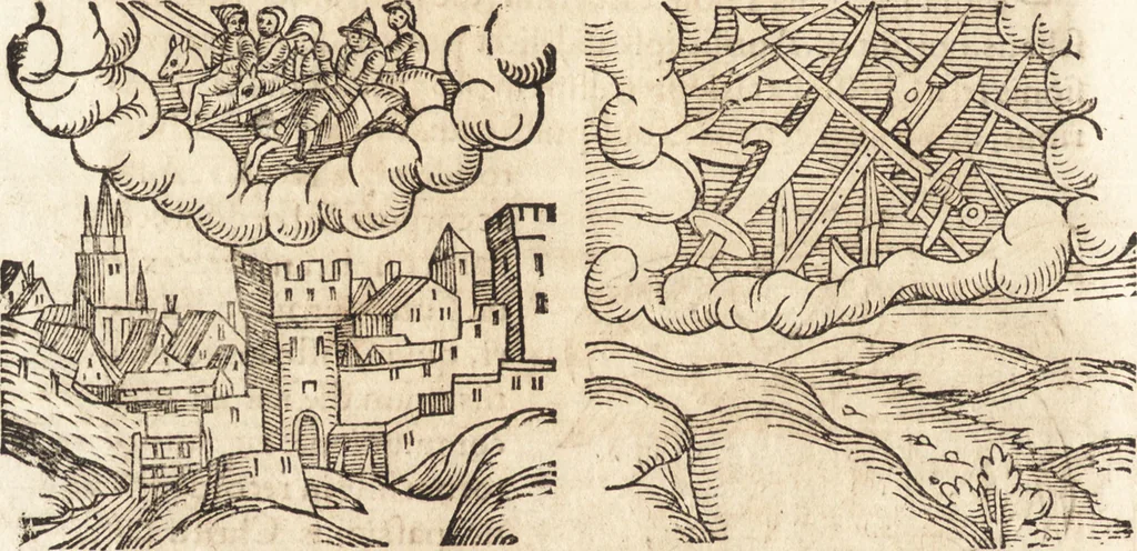 An illustration from Prodigiorvm ac ostentorvm chronicon : quae praeter naturae ordinem, motum, et operationem, et in svperioribus & his inferioribus mundi regionibus, ab exordio mundi usque ad haec nostra tempora, acciderunt ..., 1557, leaf 577