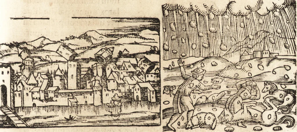 An illustration from Prodigiorvm ac ostentorvm chronicon : quae praeter naturae ordinem, motum, et operationem, et in svperioribus & his inferioribus mundi regionibus, ab exordio mundi usque ad haec nostra tempora, acciderunt ..., 1557, leaf 578