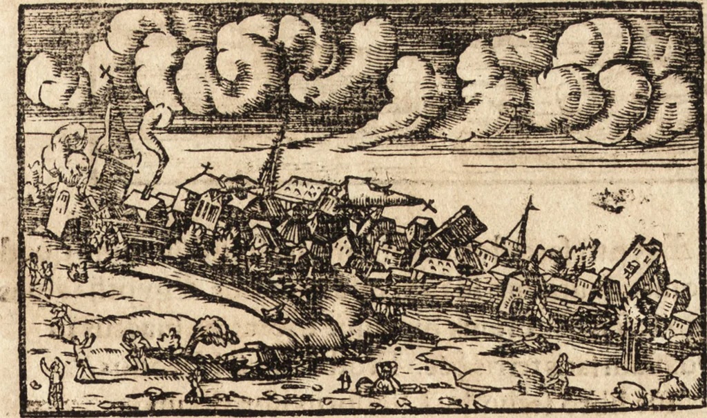 An illustration from Prodigiorvm ac ostentorvm chronicon : quae praeter naturae ordinem, motum, et operationem, et in svperioribus & his inferioribus mundi regionibus, ab exordio mundi usque ad haec nostra tempora, acciderunt ..., 1557, leaf 58