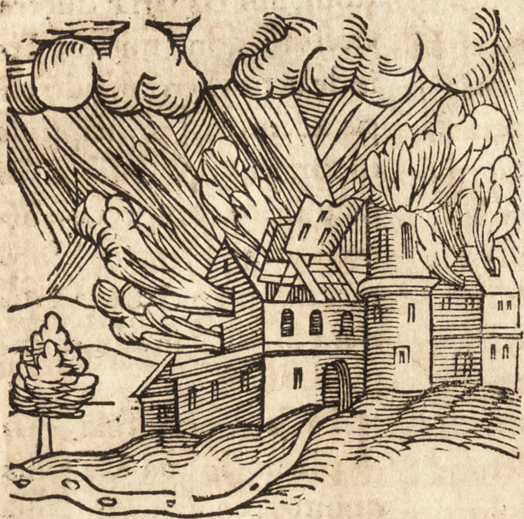 An illustration from Prodigiorvm ac ostentorvm chronicon : quae praeter naturae ordinem, motum, et operationem, et in svperioribus & his inferioribus mundi regionibus, ab exordio mundi usque ad haec nostra tempora, acciderunt ..., 1557, leaf 586