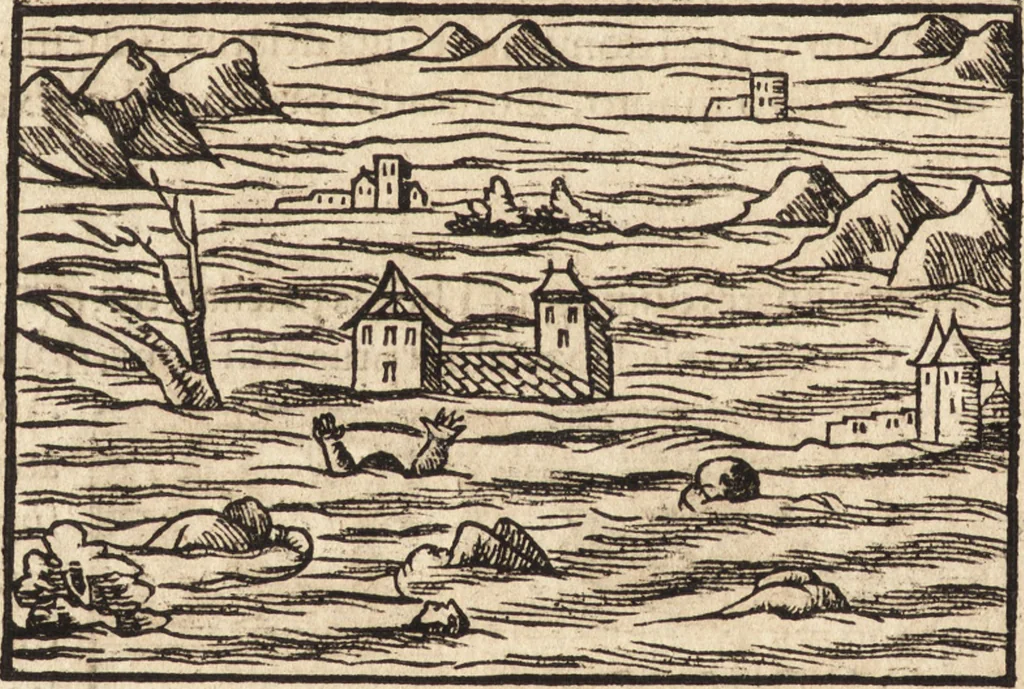 An illustration from Prodigiorvm ac ostentorvm chronicon : quae praeter naturae ordinem, motum, et operationem, et in svperioribus & his inferioribus mundi regionibus, ab exordio mundi usque ad haec nostra tempora, acciderunt ..., 1557, leaf 59