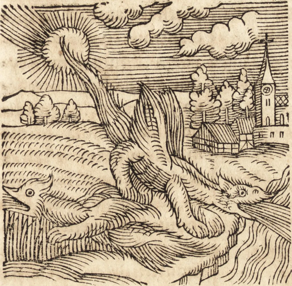 An illustration from Prodigiorvm ac ostentorvm chronicon : quae praeter naturae ordinem, motum, et operationem, et in svperioribus & his inferioribus mundi regionibus, ab exordio mundi usque ad haec nostra tempora, acciderunt ..., 1557, leaf 592
