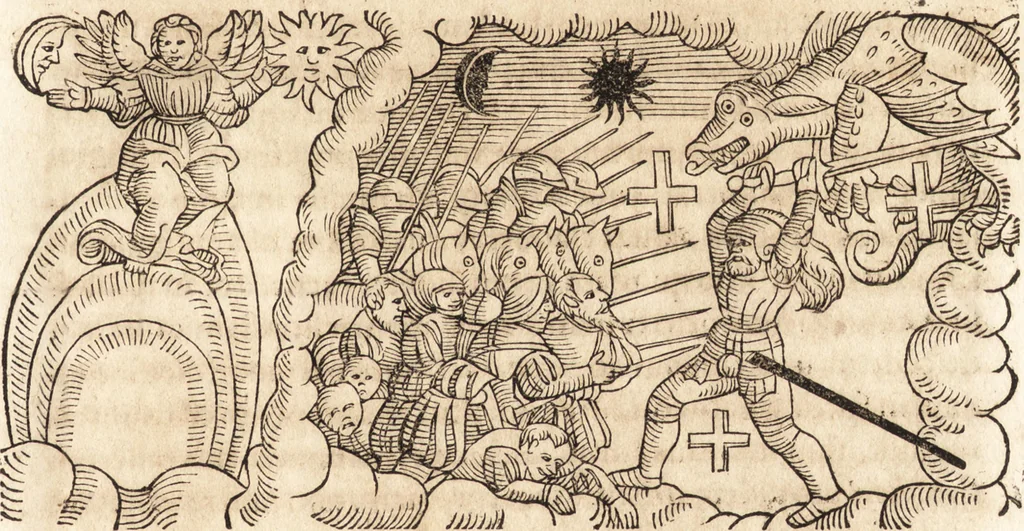 An illustration from Prodigiorvm ac ostentorvm chronicon : quae praeter naturae ordinem, motum, et operationem, et in svperioribus & his inferioribus mundi regionibus, ab exordio mundi usque ad haec nostra tempora, acciderunt ..., 1557, leaf 598