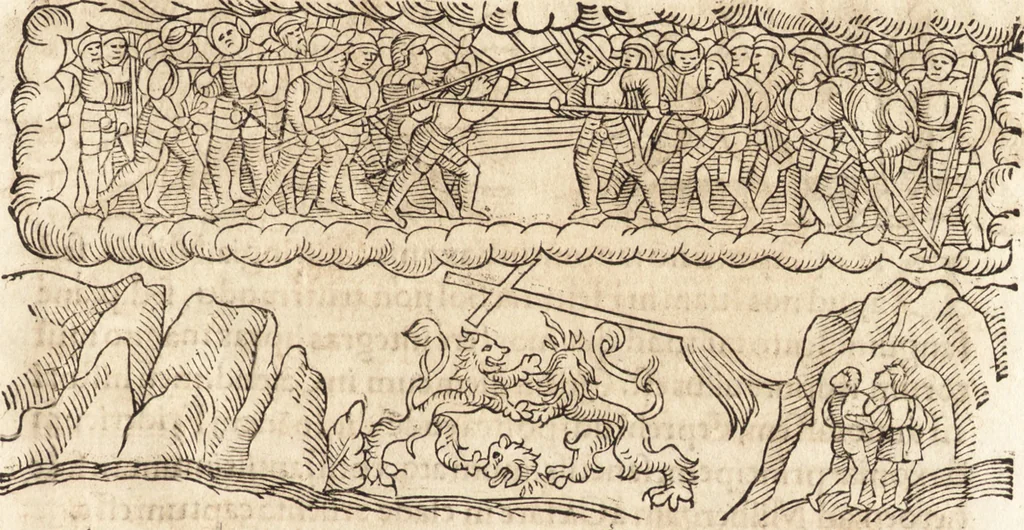 An illustration from Prodigiorvm ac ostentorvm chronicon : quae praeter naturae ordinem, motum, et operationem, et in svperioribus & his inferioribus mundi regionibus, ab exordio mundi usque ad haec nostra tempora, acciderunt ..., 1557, leaf 606