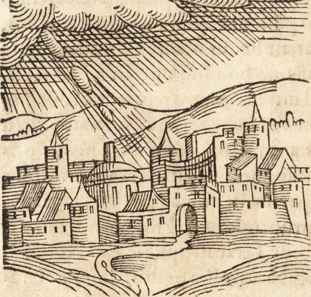 An illustration from Prodigiorvm ac ostentorvm chronicon : quae praeter naturae ordinem, motum, et operationem, et in svperioribus & his inferioribus mundi regionibus, ab exordio mundi usque ad haec nostra tempora, acciderunt ..., 1557, leaf 609