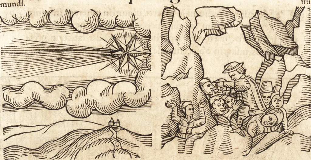 An illustration from Prodigiorvm ac ostentorvm chronicon : quae praeter naturae ordinem, motum, et operationem, et in svperioribus & his inferioribus mundi regionibus, ab exordio mundi usque ad haec nostra tempora, acciderunt ..., 1557, leaf 61