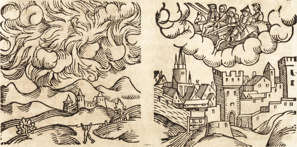 An illustration from Prodigiorvm ac ostentorvm chronicon : quae praeter naturae ordinem, motum, et operationem, et in svperioribus & his inferioribus mundi regionibus, ab exordio mundi usque ad haec nostra tempora, acciderunt ..., 1557, leaf 612