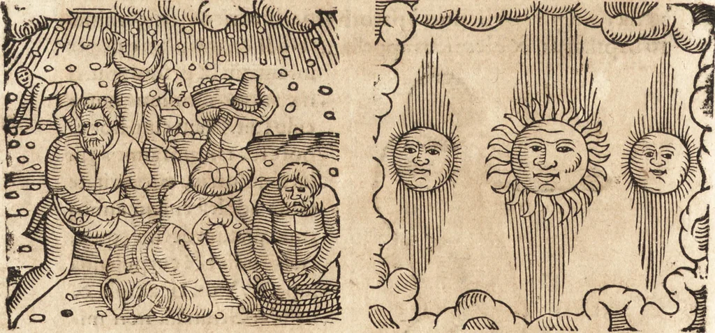 An illustration from Prodigiorvm ac ostentorvm chronicon : quae praeter naturae ordinem, motum, et operationem, et in svperioribus & his inferioribus mundi regionibus, ab exordio mundi usque ad haec nostra tempora, acciderunt ..., 1557, leaf 617