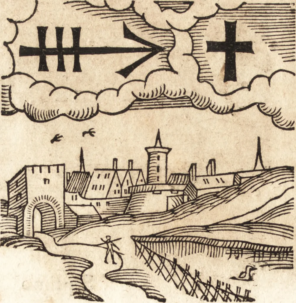 An illustration from Prodigiorvm ac ostentorvm chronicon : quae praeter naturae ordinem, motum, et operationem, et in svperioribus & his inferioribus mundi regionibus, ab exordio mundi usque ad haec nostra tempora, acciderunt ..., 1557, leaf 619