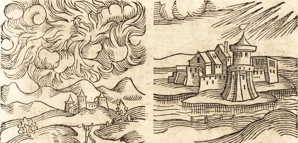An illustration from Prodigiorvm ac ostentorvm chronicon : quae praeter naturae ordinem, motum, et operationem, et in svperioribus & his inferioribus mundi regionibus, ab exordio mundi usque ad haec nostra tempora, acciderunt ..., 1557, leaf 62
