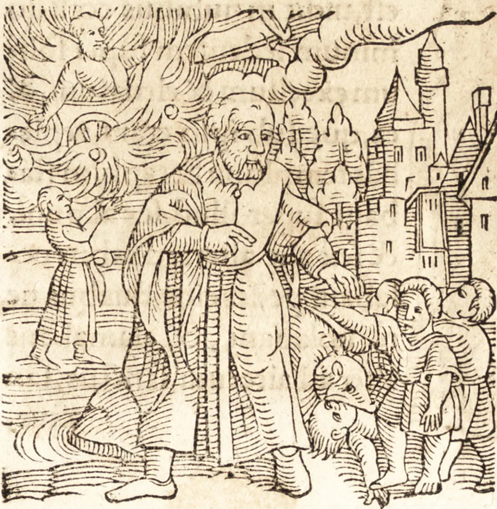 An illustration from Prodigiorvm ac ostentorvm chronicon : quae praeter naturae ordinem, motum, et operationem, et in svperioribus & his inferioribus mundi regionibus, ab exordio mundi usque ad haec nostra tempora, acciderunt ..., 1557, leaf 62