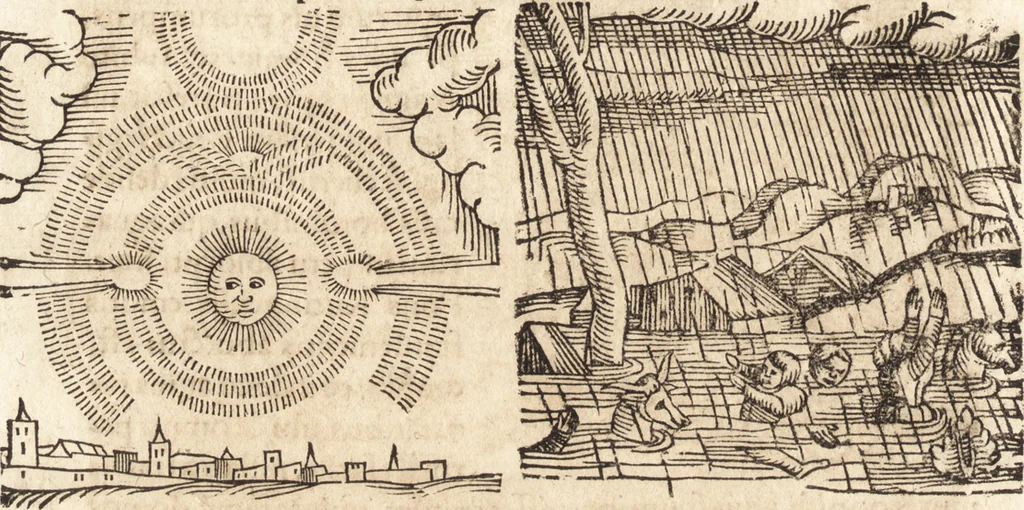 An illustration from Prodigiorvm ac ostentorvm chronicon : quae praeter naturae ordinem, motum, et operationem, et in svperioribus & his inferioribus mundi regionibus, ab exordio mundi usque ad haec nostra tempora, acciderunt ..., 1557, leaf 625