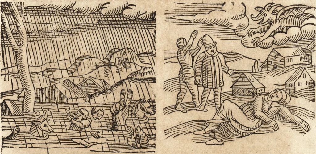 An illustration from Prodigiorvm ac ostentorvm chronicon : quae praeter naturae ordinem, motum, et operationem, et in svperioribus & his inferioribus mundi regionibus, ab exordio mundi usque ad haec nostra tempora, acciderunt ..., 1557, leaf 626