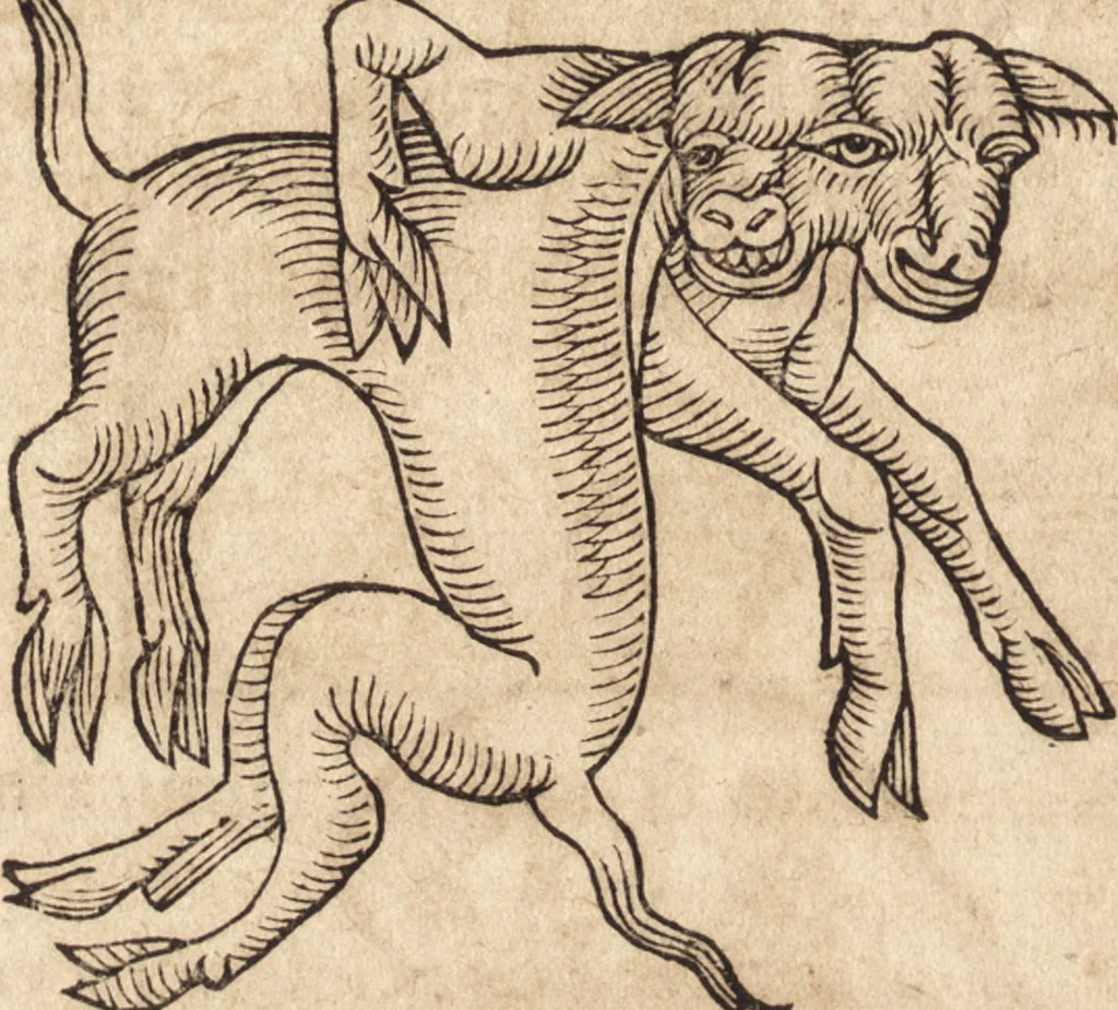An illustration from Prodigiorvm ac ostentorvm chronicon : quae praeter naturae ordinem, motum, et operationem, et in svperioribus & his inferioribus mundi regionibus, ab exordio mundi usque ad haec nostra tempora, acciderunt ..., 1557, leaf 633