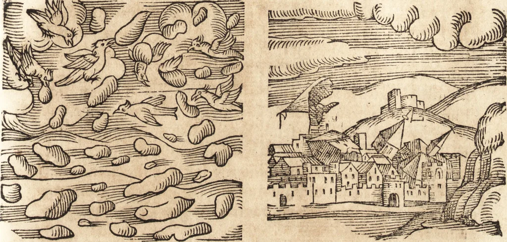 An illustration from Prodigiorvm ac ostentorvm chronicon : quae praeter naturae ordinem, motum, et operationem, et in svperioribus & his inferioribus mundi regionibus, ab exordio mundi usque ad haec nostra tempora, acciderunt ..., 1557, leaf 636