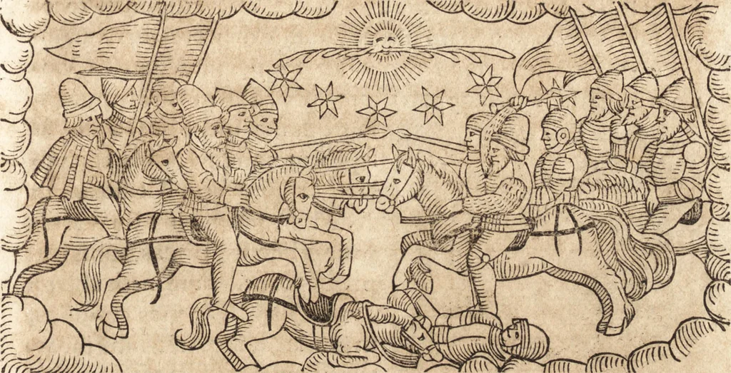 An illustration from Prodigiorvm ac ostentorvm chronicon : quae praeter naturae ordinem, motum, et operationem, et in svperioribus & his inferioribus mundi regionibus, ab exordio mundi usque ad haec nostra tempora, acciderunt ..., 1557, leaf 648