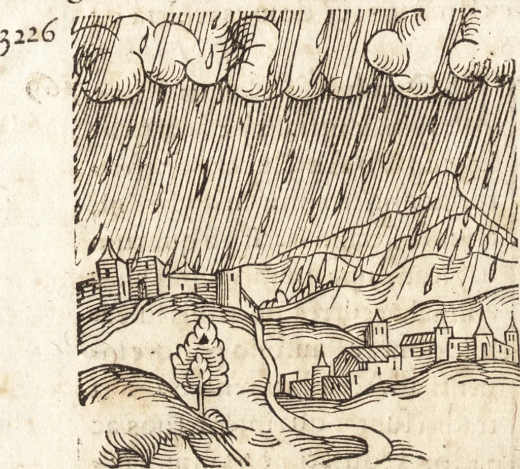 An illustration from Prodigiorvm ac ostentorvm chronicon : quae praeter naturae ordinem, motum, et operationem, et in svperioribus & his inferioribus mundi regionibus, ab exordio mundi usque ad haec nostra tempora, acciderunt ..., 1557, leaf 65