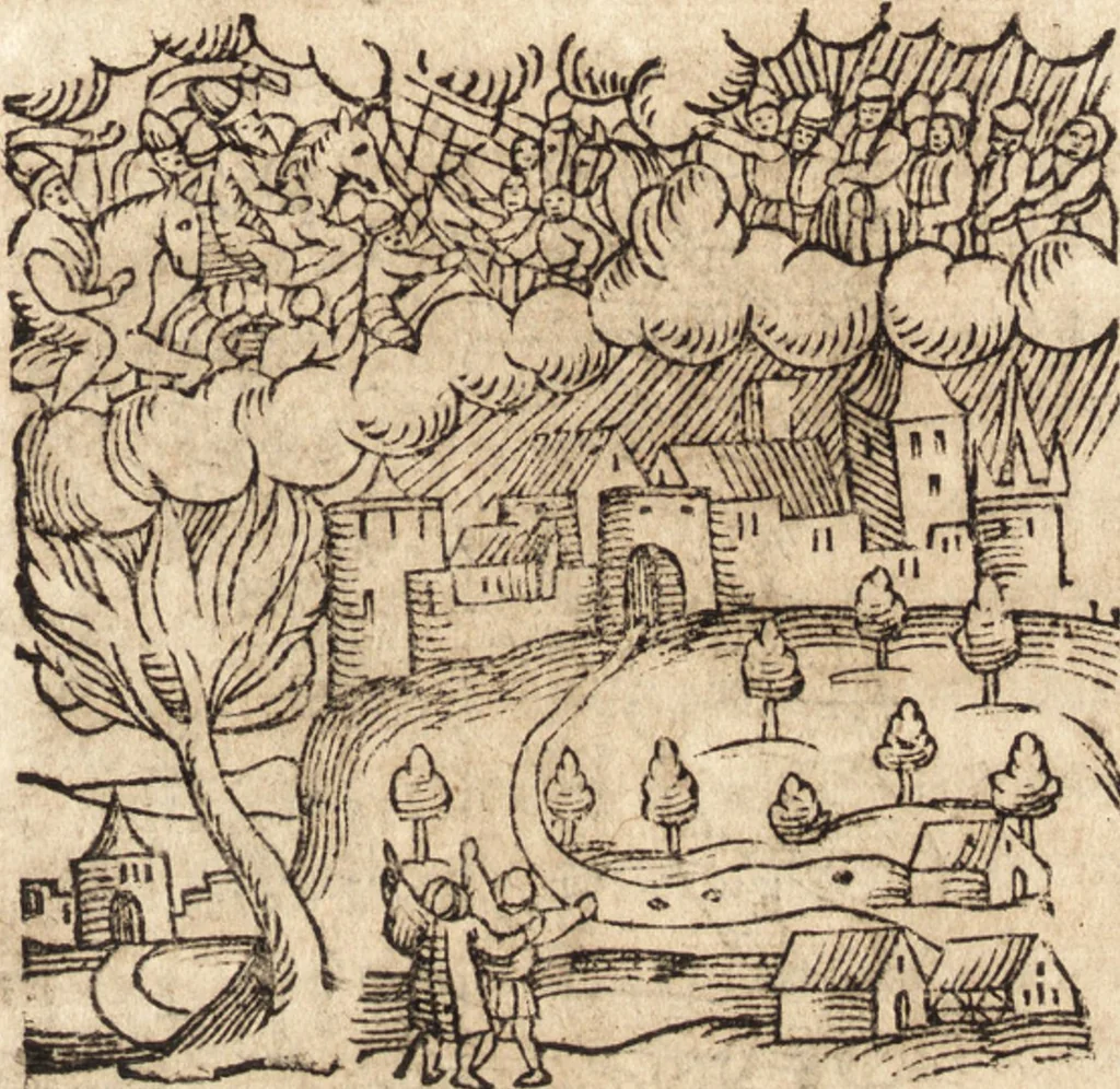 An illustration from Prodigiorvm ac ostentorvm chronicon : quae praeter naturae ordinem, motum, et operationem, et in svperioribus & his inferioribus mundi regionibus, ab exordio mundi usque ad haec nostra tempora, acciderunt ..., 1557, leaf 650