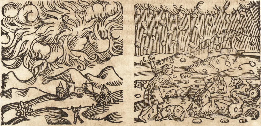 An illustration from Prodigiorvm ac ostentorvm chronicon : quae praeter naturae ordinem, motum, et operationem, et in svperioribus & his inferioribus mundi regionibus, ab exordio mundi usque ad haec nostra tempora, acciderunt ..., 1557, leaf 661