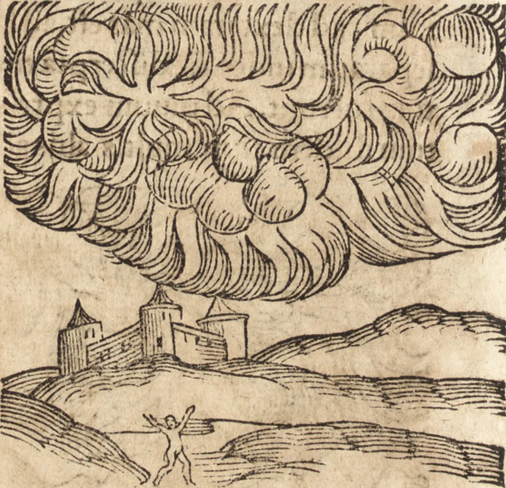 An illustration from Prodigiorvm ac ostentorvm chronicon : quae praeter naturae ordinem, motum, et operationem, et in svperioribus & his inferioribus mundi regionibus, ab exordio mundi usque ad haec nostra tempora, acciderunt ..., 1557, leaf 663