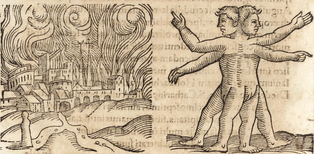 An illustration from Prodigiorvm ac ostentorvm chronicon : quae praeter naturae ordinem, motum, et operationem, et in svperioribus & his inferioribus mundi regionibus, ab exordio mundi usque ad haec nostra tempora, acciderunt ..., 1557, leaf 663